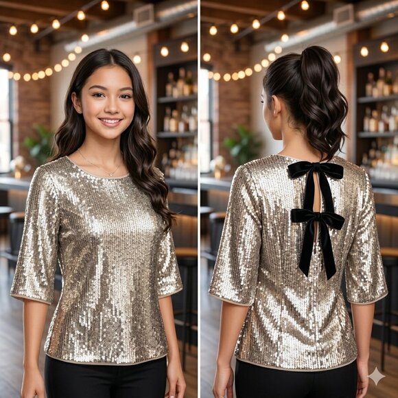 J. Crew Tops - J.Crew Women's Sequin Top Size 14 Gold Open Back Bow Detail 3/4 Sleeve Party